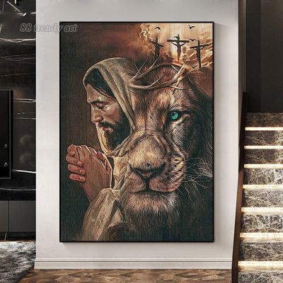 ภาพแอบสแตรกต์รูปสิงโตกางเขนคริสเตียนผ้าใบวาดภาพศิลปะบนผนังโปสเตอร์ติดฝาผนังวินเทจรูปโบสถ์0706