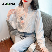 AOLINA 2022ฤดูใบไม้ร่วงใหม่เสื้อลูกไม้แฟชั่นสตรีย้อนยุคเย็บปักถักร้อยด้านบนเวอร์ชั่นเกาหลีเสื้อเชิ้ตแขนยาวลำลอง