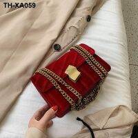 New small square fashion female 2023 new female package velvet retro one shoulder metal lock chain single shoulder bag