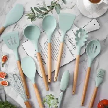 Silicone Kitchen Utensils Set, 11PCS Silicone Cooking Utensils, Mint Green Silicone  Spatula Spoons Set Turner Tongs with Wooden Handle, Best Kitchen Utensils  for Cooking 