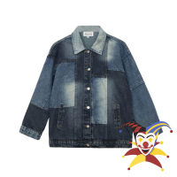 Patchwork MM6 Margiela Blue Denim กางเกงยีนส์แจ็คเก็ตผู้ชายผู้หญิง1:1คุณภาพสูง Turn-Down Collar Oversize Coat