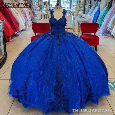 ❦ AEOZAD Vestido de Puffy com Apliques Renda Princesa Azul Royal Alças Espaguete 15 Years 2023