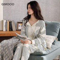 QSROCIO ฤดูใบไม้ร่วงชุดนอนสตรีชุดคุณภาพสูง Bohemian Stripes พิมพ์ชุดนอน V คอผ้าฝ้าย Homewear ชุดนอนชุดนอน Femme