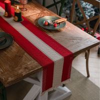 【LZ】♘₪  Linen Cotton Stitching Table Runner Dinning Table Decoration Two-color Woven Tassel Natural Material Wedding Decor Table Runners