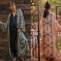 Bohemian พิมพ์ชุดคลุมบิกินี่ Elegant Belted Beach Kimono ชุดเดรสแม็กซี่ Tunic ผู้หญิงขนาดพิเศษชุดว่ายน้ำเดินชายหาดชุด Up