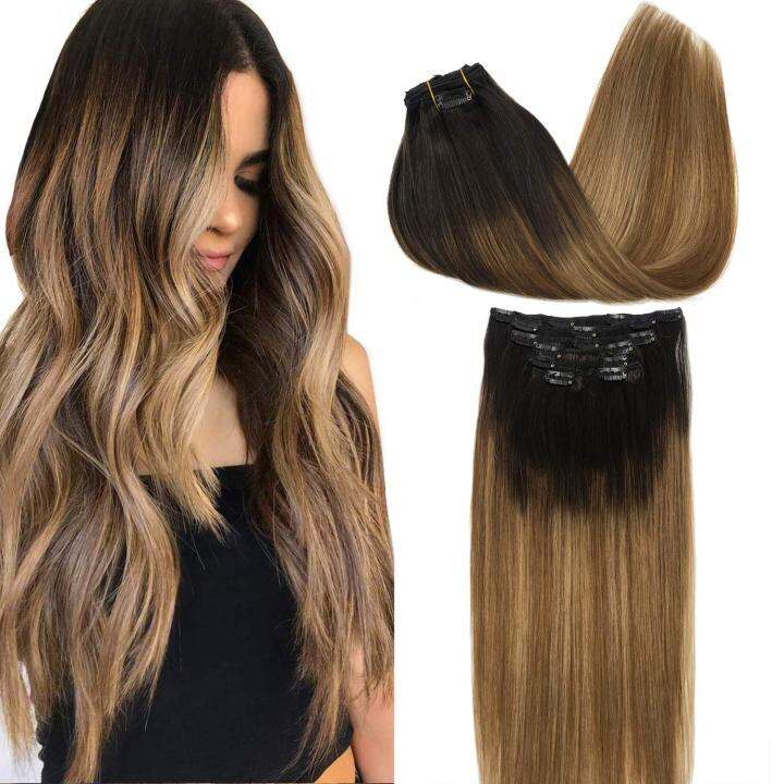 Goo Goo Remy Hair Extensions Clip In Human Hair Extensions Ombre Dark Brown  Fading To Light Brown And Ash Blonde Ombre Clip In Extensions Balayage Hair  Extensions 7Pcs 120G 24 Inch |