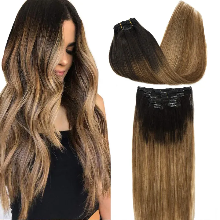 GOO GOO Remy Hair Extensions Clip in Human Hair Extensions Ombre Dark Brown  Fading to Light Brown and Ash Blonde Ombre Clip in Extensions Balayage Hair  Extensions 7pcs 120g 24 inch |