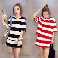 Korean womens short-sleeved pajamas suit simple fashion striped ladies home service