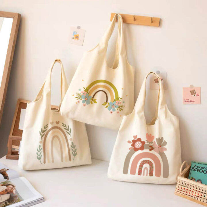 Rainbow Canvas Tote Bag Flowers Storage Bags Ladies Aesthetic Handbag ...