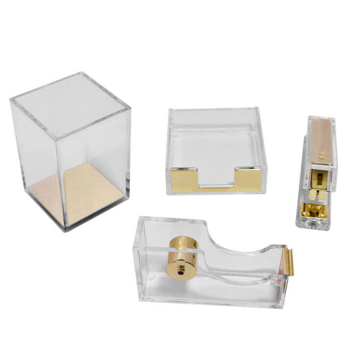 clear-acrylic-gold-tape-dispenser-stapler-with-staples-pen-holder-office-supplies-desktop-accessories-organizer-stationery-set