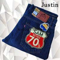 Justin กางเกงยีนส์ กระบอกใหญ่ ริมแดง สี Jeans (กระดุม) พร้อมส่ง1