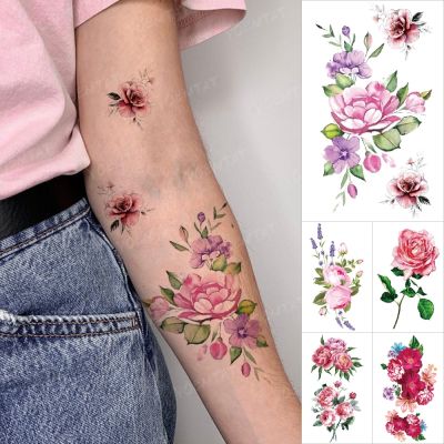 【YF】 Realistic Peony Rose Flower Transfer Tattoo Watercolor Lavender Temporary Tatto Sticker Body Art Flash Tatoo Wrist Arm Men Women