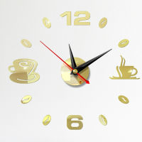 Home 3D Mirror Wall Clock Self Adhesive Modern Mute Acrylic Art Analog Kitchen DIY Coffee Cups Decor Waterproof