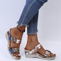 Big new code 2023 summer leisure round head leopard snake flowers high-heeled womens wedges slippers