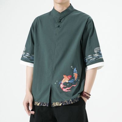 เสื้อยืดผู้ชายปักลายปลาคาร์พ,เสื้อเชิ๊ตแขนยาวระดับครึ่งแขนเสื้อเสื้อเย็นสไตล์เกาหลี5XL 2023ฤดูร้อน