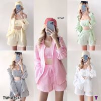 J18794 Set 3 ชิ้น เสื้อเชิ้ต แขนยาว + สายเดี่ยว + กางเกงขาสั้น Set 3 pieces: long sleeve shirt + camisole + shorts