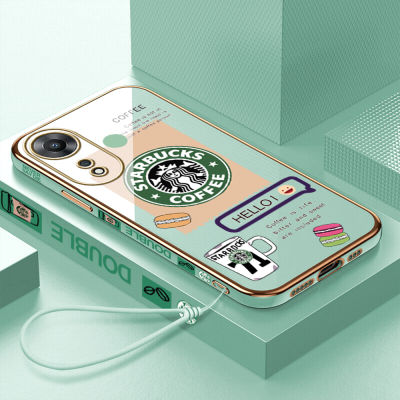 เคสเคสมือถือสำหรับ OPPO A78 5G พร้อมฟรีสายคล้อง + โลโก้ Starbucks แฟชั่นชุบขอบสี่เหลี่ยมฝาหลังนิ่ม