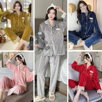 Gold Velvet Solid Color Sleepwear Lace Cardigan Long-sleeved Pyjamas Winter Warm Nightie Plus Size Home Service Womens pajamas