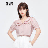 HOT”Semir เสื้อแขนสั้นผู้หญิงปกคู่ลูกไม้สีทึบ2022ฤดูร้อนใหม่คอตุ๊กตาผ้าฝ้ายเสื้อสไตล์น่ารัก