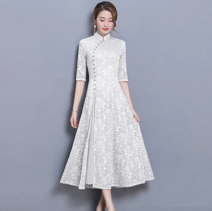 Floral Lace Mid Modern Cheongsam Qi Pao Dress