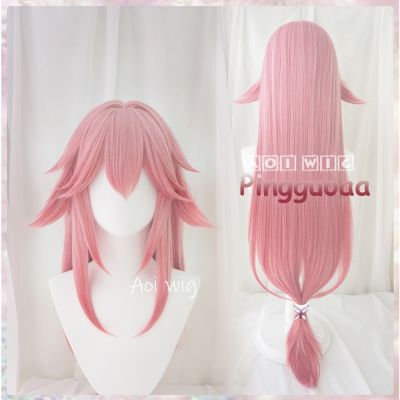 AOI Genshin Impact Yae Miko Cosplay Wig 100cm Long Pink Gradient Hair Heat Resistant Synthetic Wigs cd