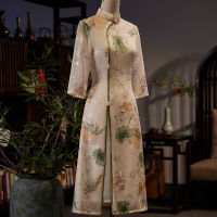 Embrodiery ชีฟอง Mandarin Collar Aodai Cheongsam Oriental ชุดเซ็กซี่เจ็ดจุดแขนผู้หญิง Qipao