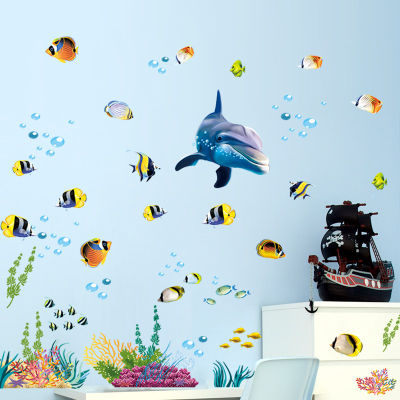 Dolphin Fish Aquarium Ocean Wall Stickers For Kids Rooms Bathroom Kitchen Home Decor Cartoon Animals Decals Pvc Mural Art