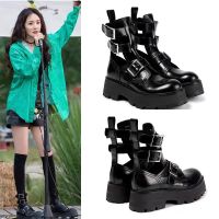 Wang Xinling รองเท้าบูท Yang Mi หญิง,สำหรับ Sepatu BOOT Pendek รถจักรยานยนต์หนังแท้พื้นรองเท้าหนา2023ใหม่