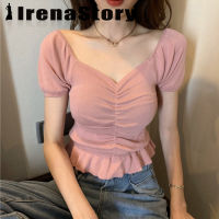 IRENASTORY เสื้อยืดคอวีแขนสั้นสำหรับผู้หญิงเสื้อยืดยืดคอวีเสื้อยืดถักเข้ารูปพอดีสไตล์ชิคๆลำลอง