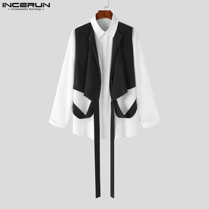 incerun-เสื้อทรงหลวมกระดุมเสื้อเชิ้ตมีปกสำหรับผู้ชายเสื้อท่อนบน2ชิ้นเสื้อเบลาส์-สไตล์เกาหลี