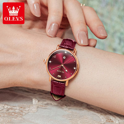 OLEVS นาฬิกาข้อมือผู้หญิงสายหนังกันน้ำ,นาฬิกาควอตซ์หน้าปัดเพชรแบบเรียบง่ายแฟชั่นรุ่นใหม่สีแดงสีเขียวสีขาว