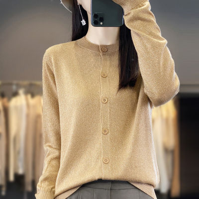 Fashion 2023 Autumn Style Elegant Wool Cardigan Round Neck Regular Sweater Womens Knitwear 2023