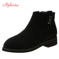 Aphixta Plus Big Size 44 Ankle Boots Female Zip Wood Square Heels Shoes Woman Platform Winter Boots Women