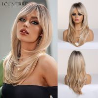 ❒▽ﺴ LOUIS FERRE Synthetic Wigs Long Wavy Ombre Black Brown Blonde Ash Wigs with Bangs for Black Women Afro Heat Resistant False Hair