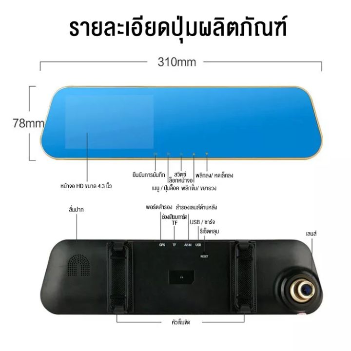 กล้องติดรถยนต์มุมกว้าง170-หน้าจอขนาดใหญ่4-3นิ้ว-จอด้านซ้าย-การบันทึก1080-hd-พิกเซลกระจกกันแสงสะท้อนsonyเลนส์แก้ว-6-ชั้นเมนูไทยตั้งค่าง่าย