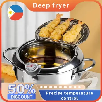 24CM Japanese Deep Frying Pot Oil Fryer with a Thermometer and a Lid 304  Stainless Steel Kitchen Tempura Fryer Pan