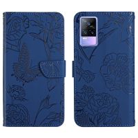 สำหรับ Vivo ผิว V21e รู้สึกดอกโบตั๋นผีเสื้อหนังพิมพ์ลายเคสโทรศัพท์ (สีฟ้า)