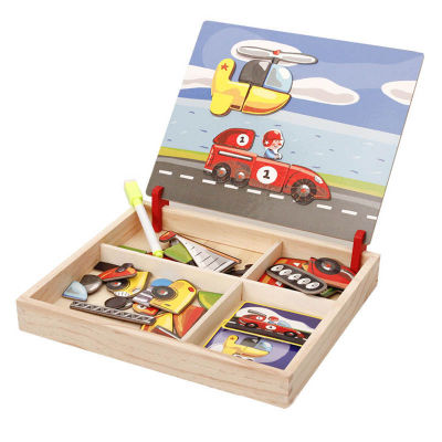 QWZ Multifunctional Wooden Magnetic Puzzle Toys FigureAnimals Vehicle House Drawing Board Wood Educational Toys for Children