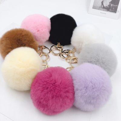 1pcs 8cm Fake Fur Brand Bag Keychain Pompom Car Keyring Gold Color Chains Pompons Fake Fox Rabbit Fur Charms Chain Headbands