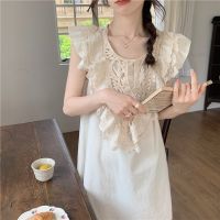 【 WYIN kitchen】 Palace Style Pajamas for Women Sleepdress Sexy Sleeveless Ruffles Lace Patchwork Round Neck Nightdress Elegant Loungewear Pj