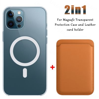 [Yellow peach flavor] 2in1สำหรับ Magsafe ไร้สายชาร์จแม่เหล็กกรณีใส iPhone 12 11 13 14 Pro Max ผู้ถือบัตรหนัง X XR 8 7บวก SE