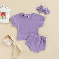 Newborn Baby Girls Clothes Casual Solid Coloful Bat Short Sleeve Ribbed Pullover Tops+Shorts+Headband 3Pcs Infant Kid Set  by Hs2023