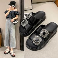 2023 Brand Rhinestone Shoes Ladies High Heels Platform Sandals Double Buckle Band Slippers Woman Muffins Crystal FlipFlops Mujer