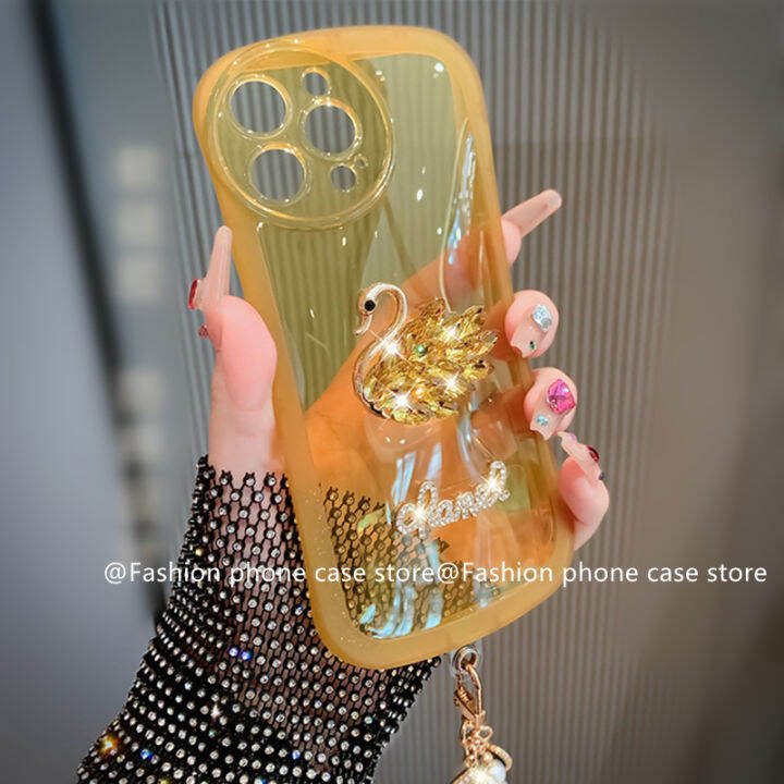 เคส-oppo-a57-a77-a76-a96-a95-a16-a16k-a16e-4g-5g-case-หรูหรา-rhinestone-swan-pearl-lanyard-ปลอกเลนส์สีใสนุ่ม2022