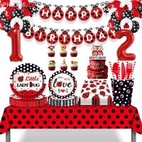 Ladybug Party Tableware Set 1st Birthday Party Baby Shower Polka Dots Decorations Supplies Paper Plates Napkins Forks Girls