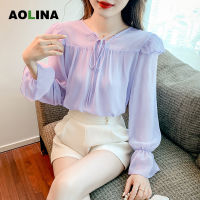 AOLINA 2022ใหม่สีม่วงเสื้อขนาดเล็กหญิงลูกไม้ขึ้นเสื้อชีฟองออกแบบความรู้สึกซอกด้านบน