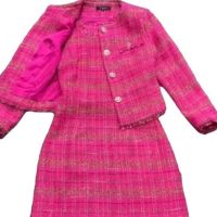 P011-004 PIMNADACLOSET - 2 Pieces Long Sleeve Crewneck Button Down Plaid Tweed Blazer Jacket Coat And Sleeveless Mini Dress Set