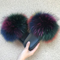 Pom Pom Fur Slippers Women Fluffy Sliders Furry Sandals Real Rabbit Fur Slippers Fox Fur Slides Multicolor Customize