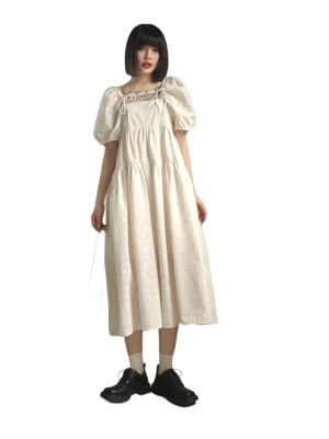 P006-021 PIMNADACLOSET - Short Puff Sleeve Soft Cream Midi Dress