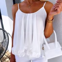 【HOT】﹉♤ O Neck Pleat Ruffle Blouse Fashion Sling Loose Sleeveless Beach Shirts Pullover